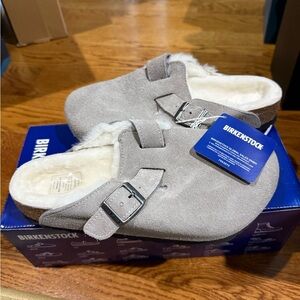 Birkenstock Boston Shearling Gray Suede Clogs